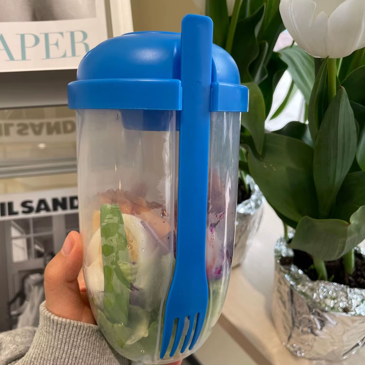 Portable Salad Cup, Breakfast Salad Cup, Sealed Leak Proof Cup with Fork and Sauce Box, Bento Box, Yogurt Storage Bowl, Lunch